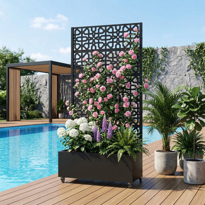Metal Planter Box with Trellis with Wheels