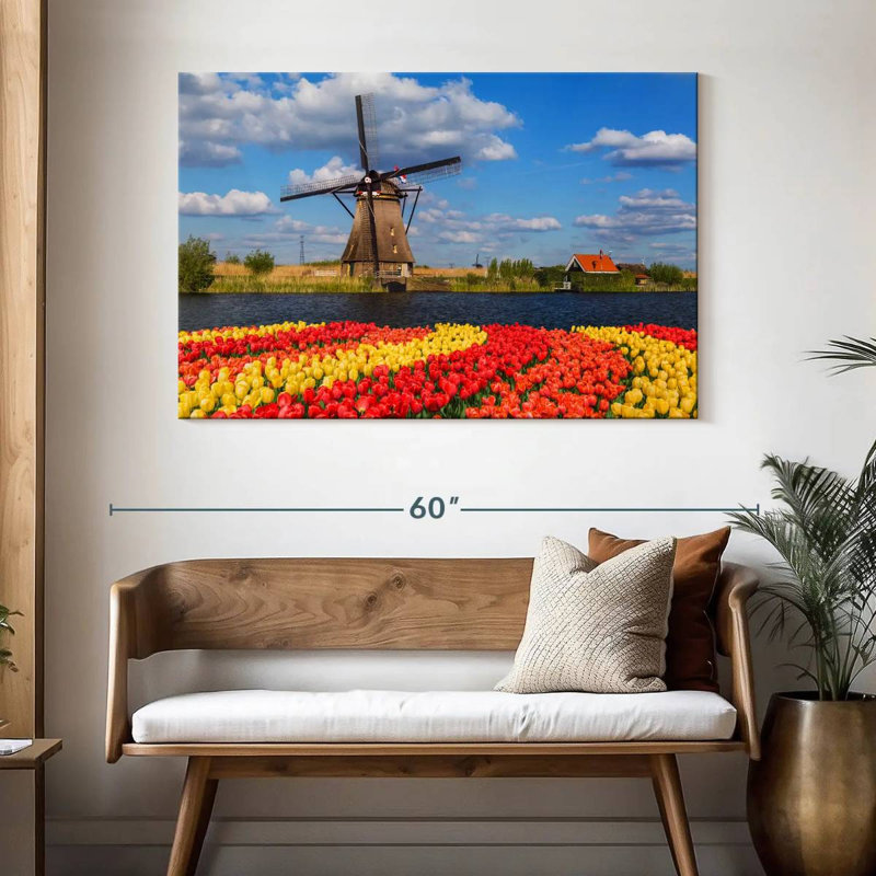 Vanna, tulipes et moulin à vent hollandais, H 32 po x l 48 po