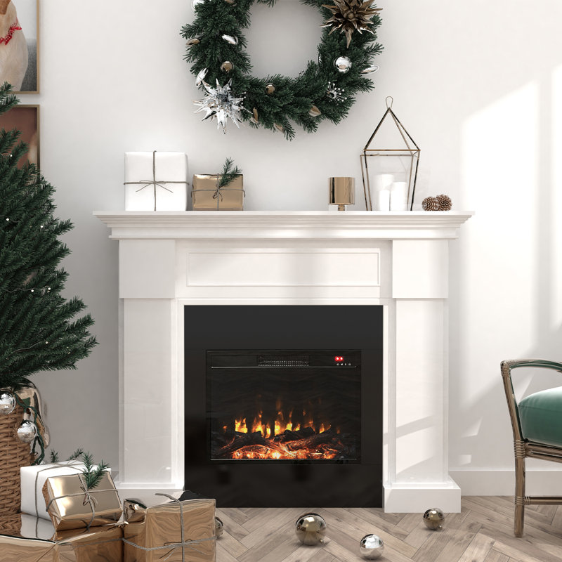 Electric Fireplace With Mantel, 1500W Freestanding Heater With Remote Control, White, 42" H x 50" W x 12.52" D