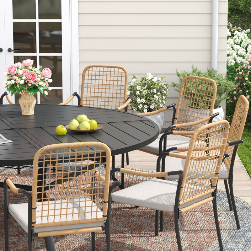 10-Person Round Patio Dining Set With Cushioned Rattan Stackable Chairs, Black