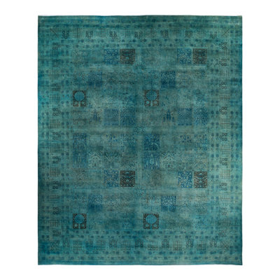 Tapis unique en laine noué à la main de style années 2000 12 pi 4 po x 14 pi 4 po Golla en bleu sarcelle / gris / bleu