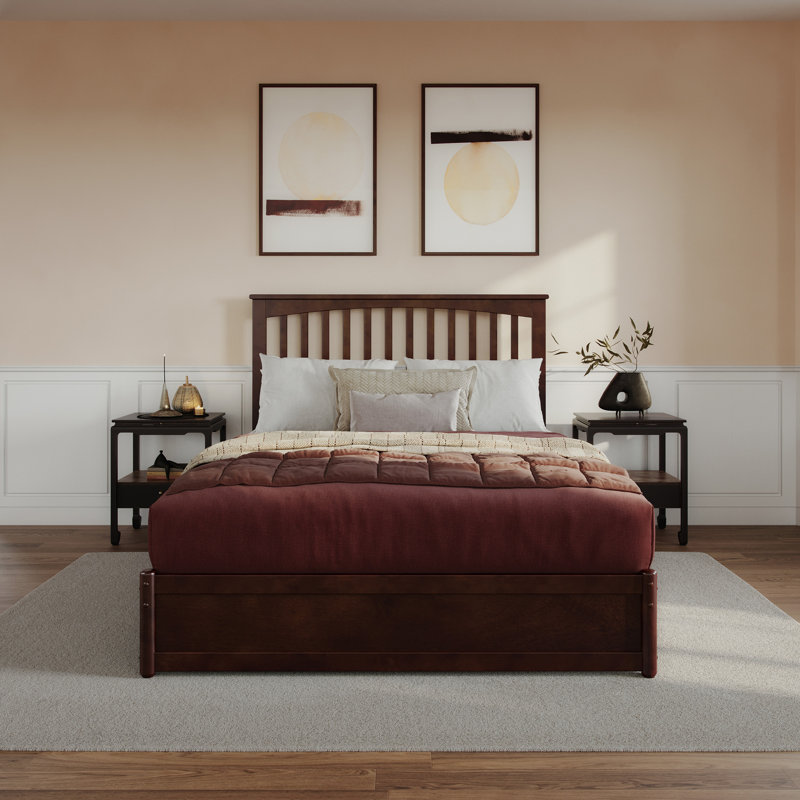 Asparas Solid Wood Platform Bed with Footboard & Roll Out Trundle Bed, Queen, Walnut