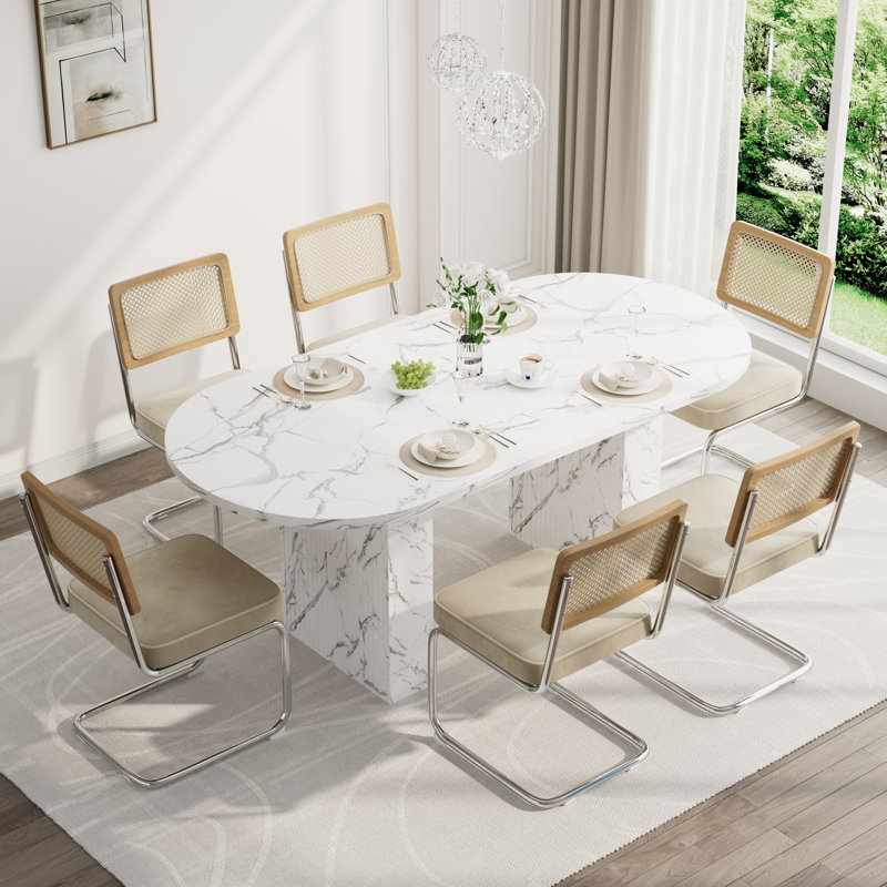 Ensemble de table de salle à manger Modern, Blanc, 7 pièces : table, 6 chaises, Beige