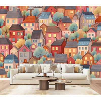Papier peint adhésif moderne et moderne, maisons abstraites, arbres muraux ludiques, panneau mural amovible en PVC H 69 po x l 96 po pour salon de chambre à coucher