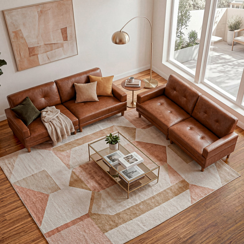 2-Piece Set 86.6-inch Brown Leather Sofa, Mid Century Modern 3-Seat Luxury Sectional Tufted Couch With Square Arms , Retro Home Sofa Living Room