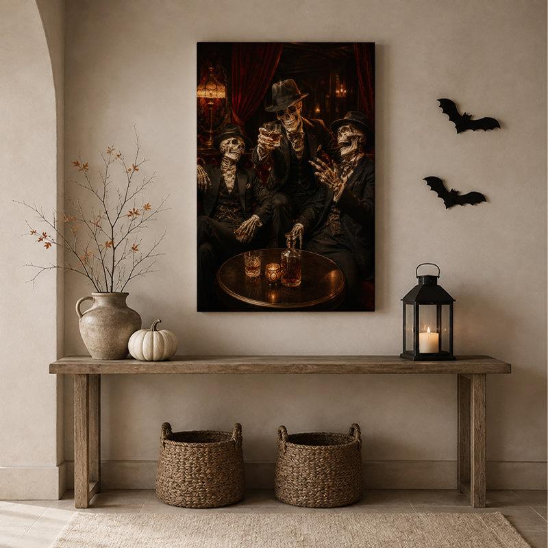 «Three Skeleton Men in Suits Dr buing Whiskey in Halloween», art mural sur toile, H 24 po x l 18 po