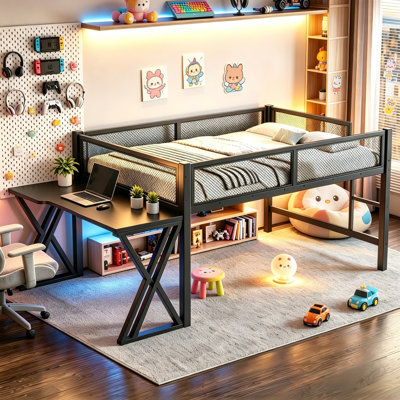 Lit mezzanine double avec bureau à pieds en X, escalier et garde-corps en maille, cadre de lit mezzanine en métal avec lumières DEL et ports USB, lit mezzanine peu encombrant pour les dortoirs et les jeux, noir.
