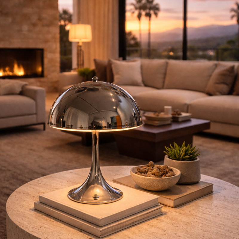 Lampe de table chromée en forme de champignon avec abat-jour dôme poli, base E26