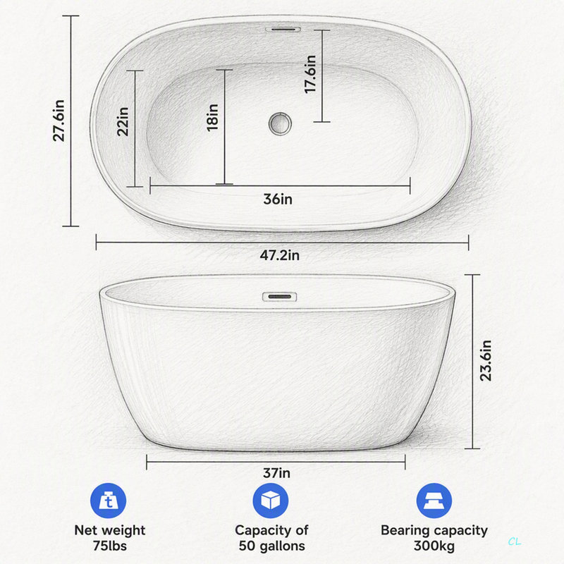 47'' Acrylic Freestanding Bathtub-Acrylic Soaking Tubs, White Bathtub, Oval Shape Freestanding Bathtub With Chrome Overflow and Pop-Up Drain