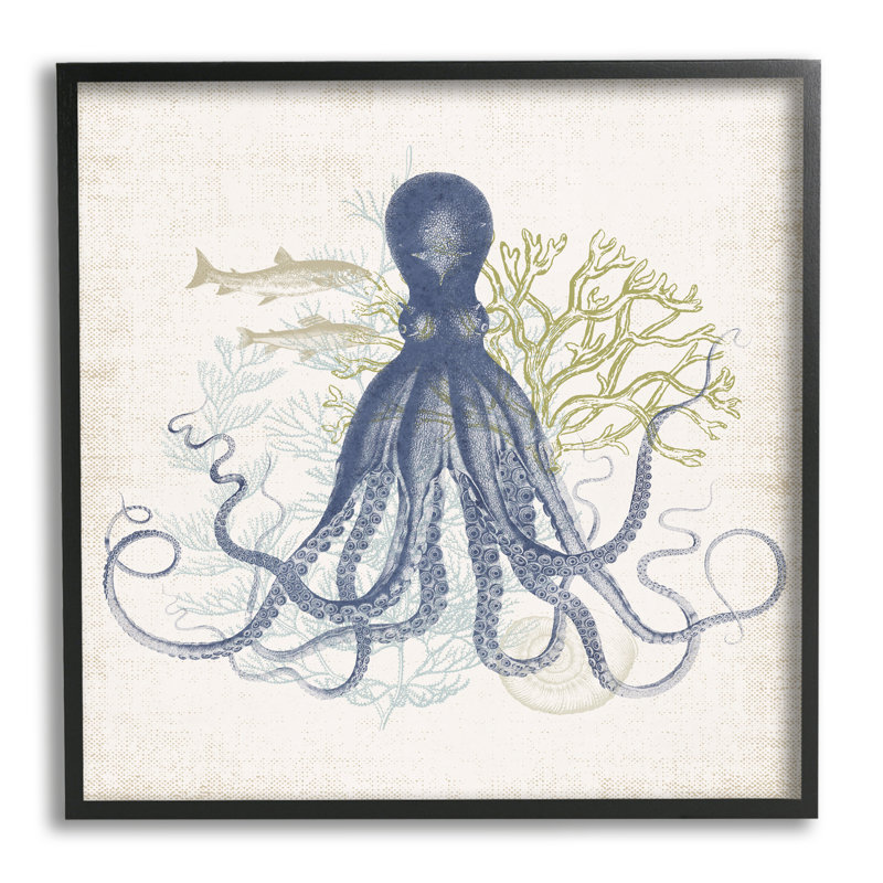 «Octopus Tentacles Layered Fish & Ocean Botanicals» par Victoria Barnes, reproduction d'art graphique sur bois