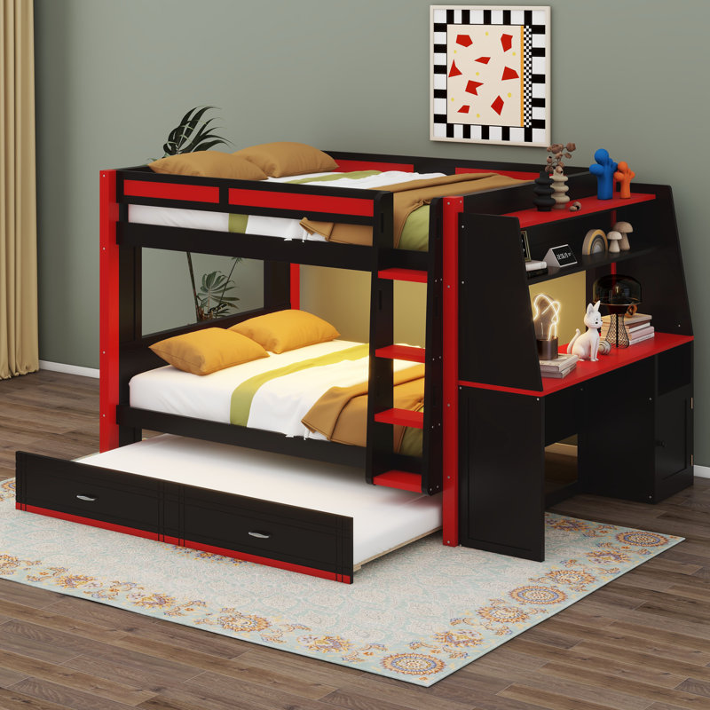 Lit superposé avec bureau et lit gigogne, lit superposé en bois avec éclairage à DEL, étagères de rangement et lattes pour adultes