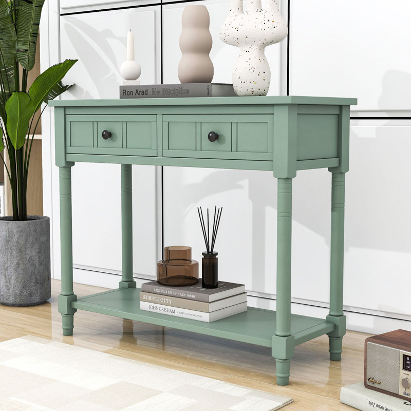 Console Charmie en bois avec deux tiroirs et tablette ouverte pour le salon, Bleu rétro