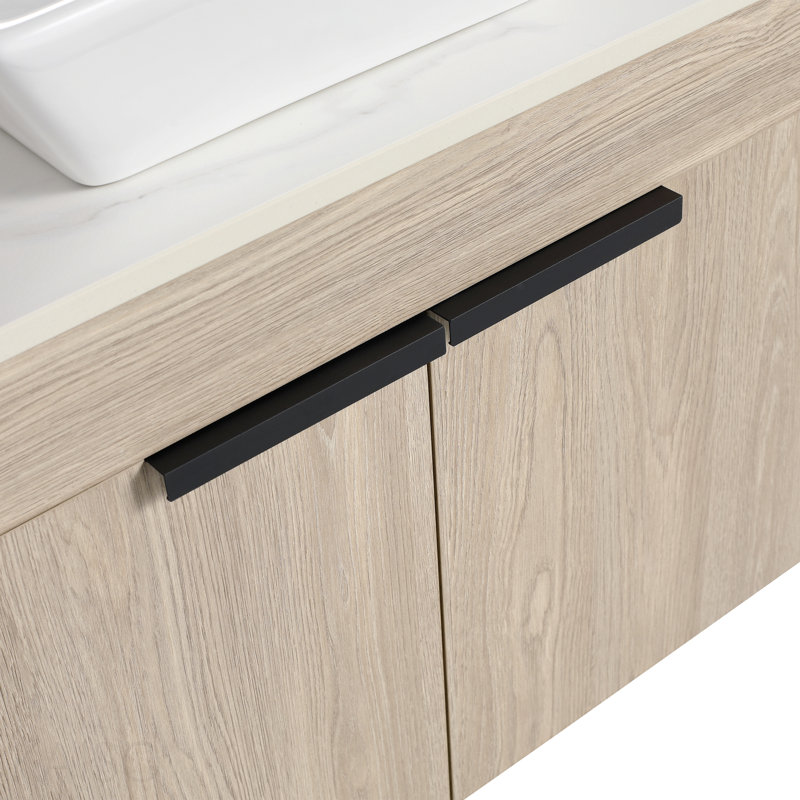 Meuble-lavabo moderne 42 po avec lavabo d'art en céramique, dalle de pierre blanche et petites tablettes de rangement, porte à fermeture douce