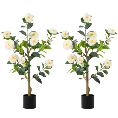 Arbre de camélia artificiel 3 pi, paquet de 2, avec fleurs en fleurs et tronc de bois naturel