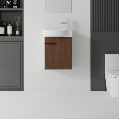 16, flottant, meuble-lavabo de salle de bain avec lavabo, avec porte à fermeture en douceur, lavabo en céramique, contreplaqué, noir