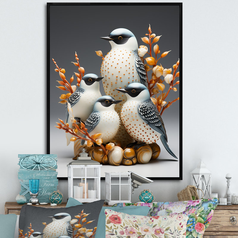 " Frosty White Natures Songbirds ", Black Floater Frame, 32" H x 16" W x 1" D