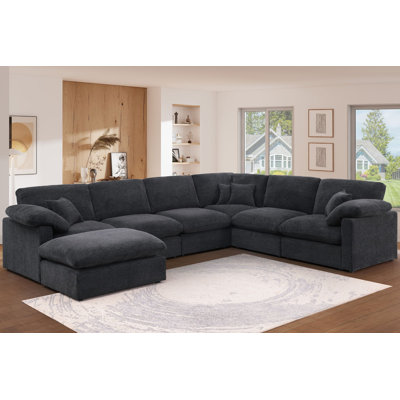 Reversible 7-Piece Corner Sectional Couch, Chenille Cloud Sofa With Removable Ottoman
