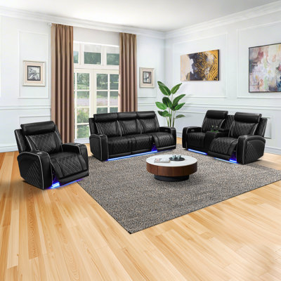 Power Recliner Sectional With Led Lights, 3-piece Cave Furniture Set For Living Room, Reclining Sofa With Usb Port, Storage Console & Cup Holders