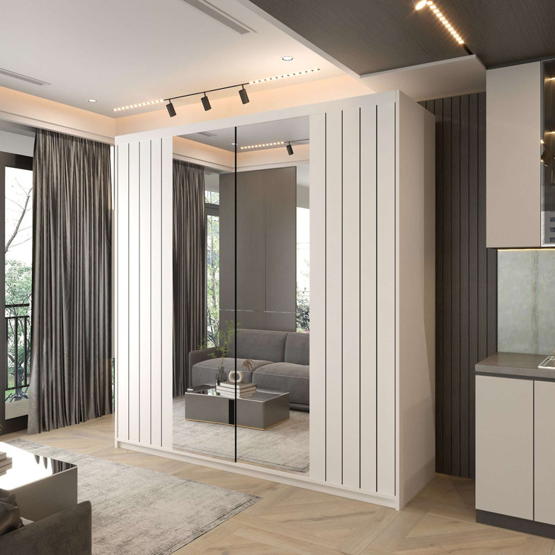 Modern Double Sliding Door Wardrobe in /Grey/Oak/White, 217cm H x 150cm W x 62cm D, White
