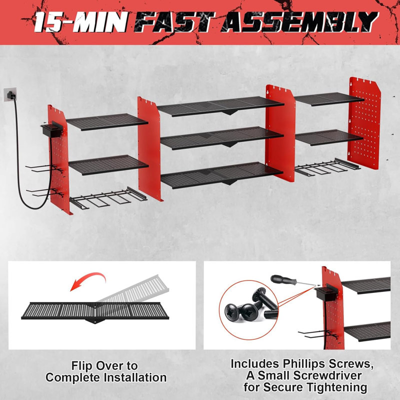 Support mural pour organisateur d'outils électriques avec station de charge, support de rangement pour outils électriques à grande largeur, grand organisateur de batterie pour outils avec tournevis / marteau pour rangement de garage robuste [rouge]