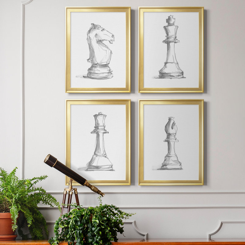 " Chess Piece Study I " 4 Piece Art Color Photography Painting, 24.5" H x 74" W x 1" D, Gold Framed