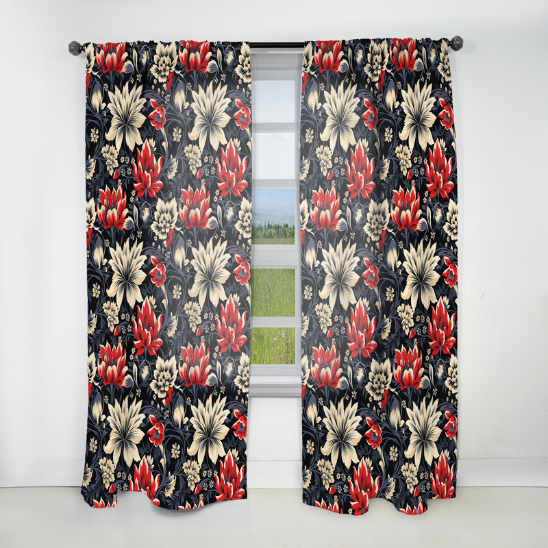 Motif floral damassé rouge et beige - 1 panneau, L 52 po x L 90 po