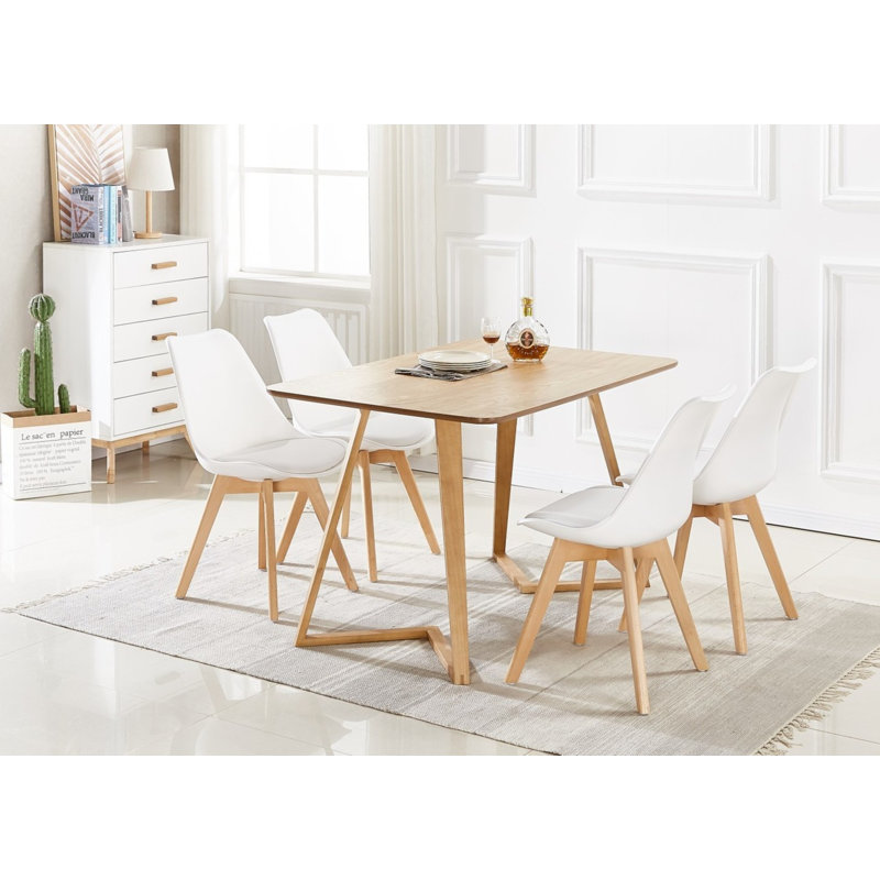 Torpoint 4 Person Dining set - a Rectangular Plastic Dining Table with Wooden Legs and a Set of 4 Faux Leather Cushion Padded Dining Chairs for Dining Room - Modern Dining Table Set