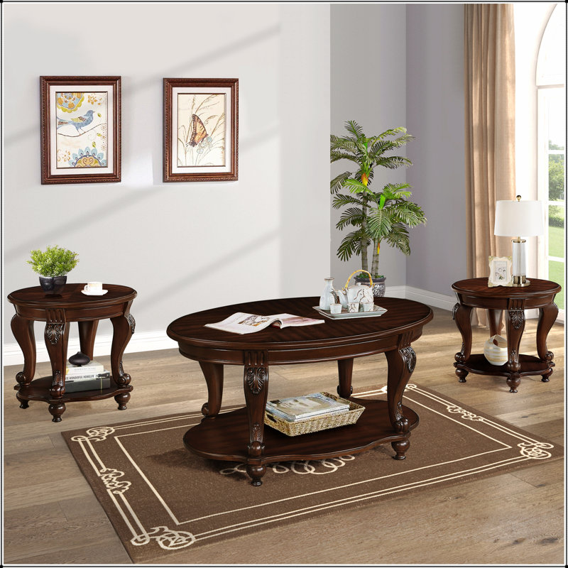 Living Room Coffee Table Set, Coffee Table & Two End Side Table 3-Piece Set for Office, Cherry