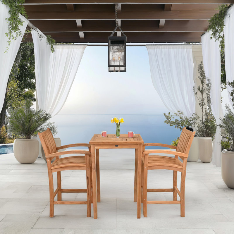 Teak Wood Bar Set Including Square Bistro Bar Table And Abacho Barstools With Arms, 43" H x 27" L x 27" W, 2