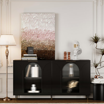 Armoire décorative avec 4 portes en verre: Buffet en bois laqué noir pour le bureau, rangement pour le buffet du couloir. Tablettes réglables de style rétro