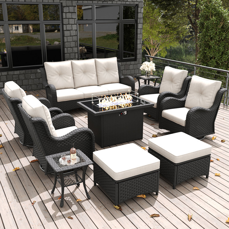 LayinSun 10 Pieces Outdoor Patio Furniture Set With Fire Pit Table, Beige, Black