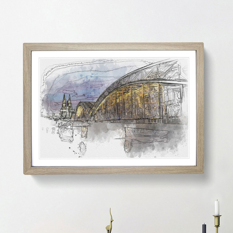 Cologne Cathedral & the Hohenzollern Bridge - Picture Frame Graphic Art Print, Oak Framed, 62cm H x 87cm W x 2cm D