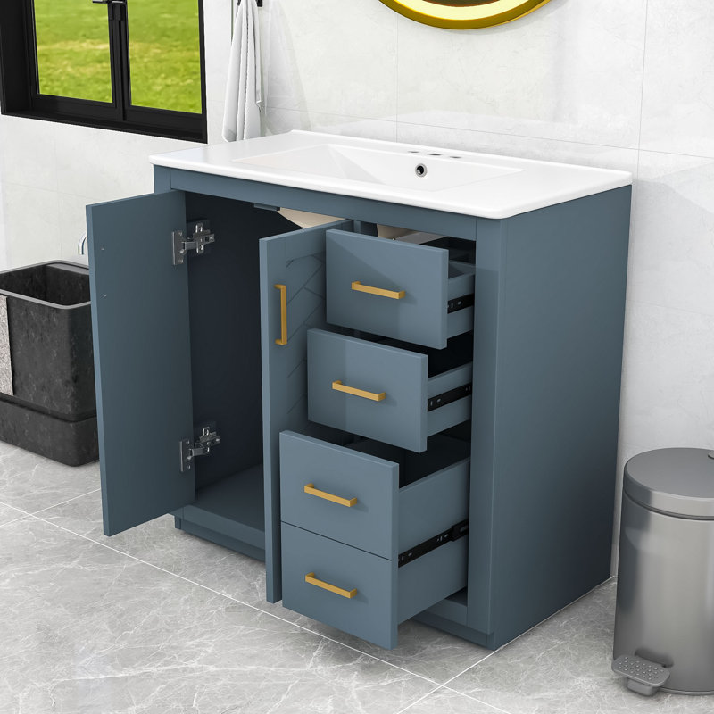 Meuble-lavabo de salle de bain avec lavabo en céramique, 3 tiroirs et armoire à portes à fermeture douce, Blue