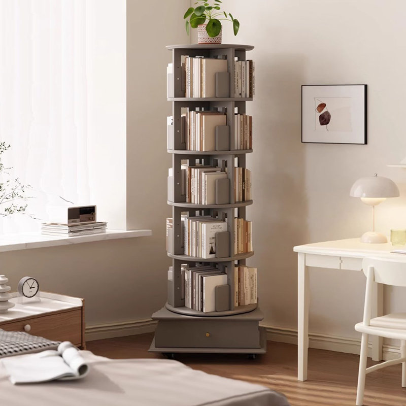 Bibliothèque rotative grise moderne en bois massif, (5 tablettes) H 71,65 po x l 19,29 po x P 19,29 po