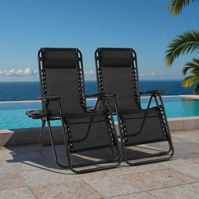 Set Of 2 Zero Cravity Lounge Chairs,Outdoor Patio Folding Recliners For Pool Beach With Pillow And Cup Holder