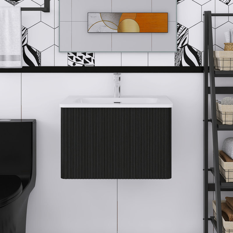 Meuble-lavabo flottant mural 24 po rayé avec lavabo en céramique blanche, Noir