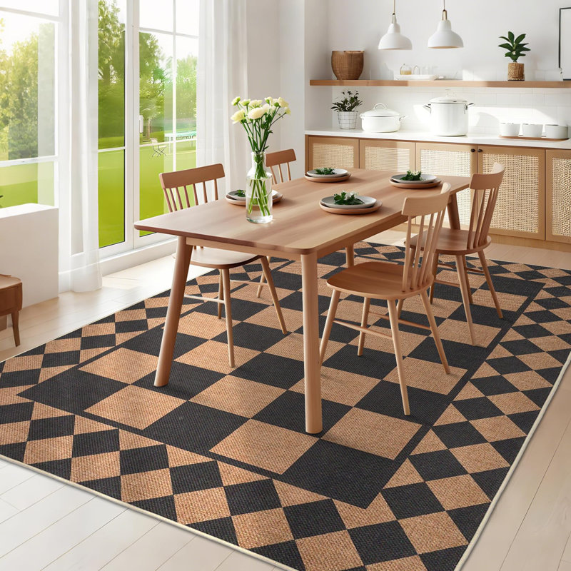 Tapis lavable à motif quadrillé moderne noir et brun, 152 x 213 cm, idéal pour le salon, la chambre ou la salle à manger. Doux au toucher lin, à poils courts, pliable, avec envers antidérapant en TPR, résistant aux taches et facile d'entretien.