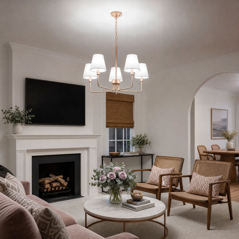 5-Lamp White Gold Fabric Dimmable Pendant Light