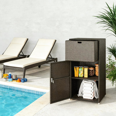 Outdoor Pool Towel Storage, Handwoven Cabinet With Drawer, Magnetic Sealed, 23.6" X 47.2", Dark Brown Storage Solution For Pool, Spa, And Bathroom, Pe Cabinet, 66 Lbs Load, Length