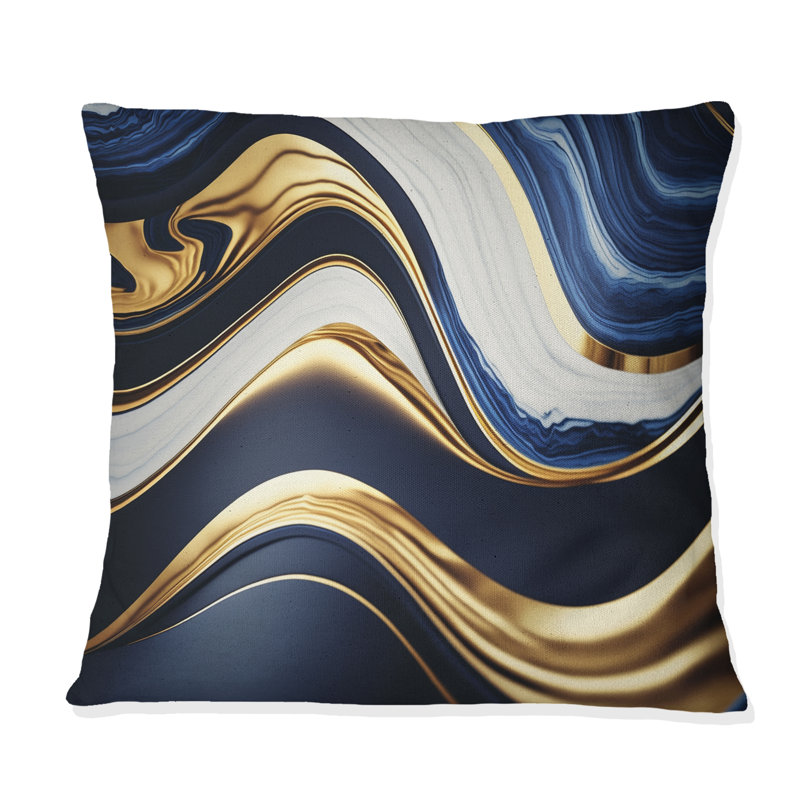 «Abstract Geode Waves» - oreiller imprimé en V bleu et doré, Carré, 16" x 16"