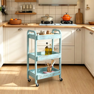 Chariot utilitaire à 3 niveaux avec roulettes verrouillables, chariot de rangement étroit et compact, étagère mobile robuste, chariot de bricolage étroit pour salle de bain, buanderie, cuisine, bleu vintage
