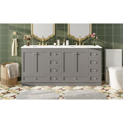 Meuble-lavabo autoportant de 72 po de style Shaker avec lavabo en céramique, tiroirs à fermeture en douceur et portes à fermeture en douceur