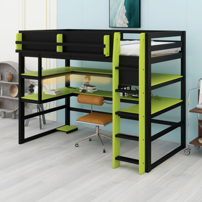 Versatile Loft Frame Combining Office Desk, Organizational Side Rack, Multi-Compartment Shelves, and Programmable RGB Light Strip