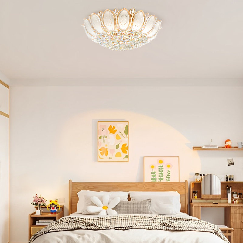 23.62 Inch Modern Crystal Flush Mount Lotus Chandelier Luxury Embedded Ceiling Light with Remote Control