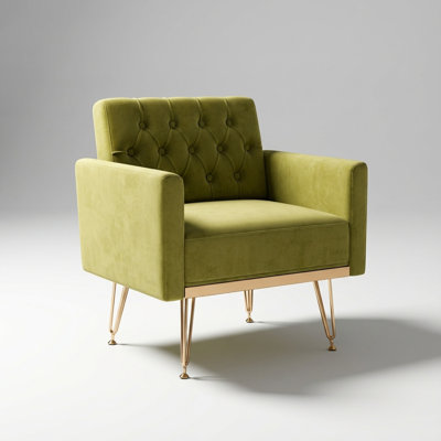 Luxurious Velvet Upholstered Armchair with Tufted Backrest and Gold Metal Legs for Living Room and Bedroom Seating