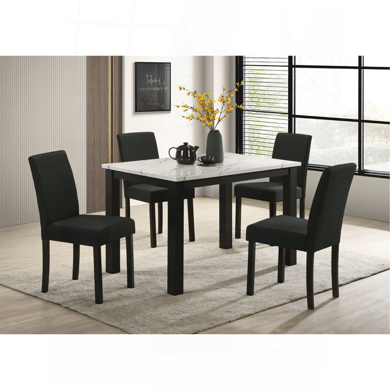 Faux-marbre dessus pelucheux chaises rembourrées tissu gris anthracite riche pieds noirs élégants moderne contemporain, Blanc
