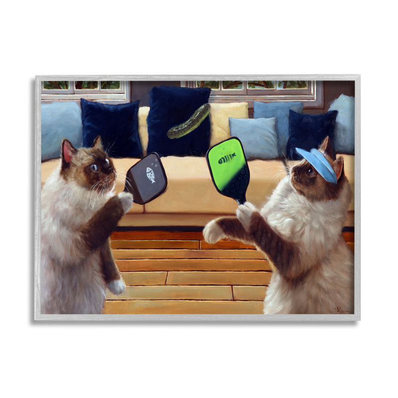 Az-001-Chats encadrés jouant au ping-pong par Lucia Heffernan, H 24 po x l 30 po x P 1,5 po, Estampe numérique Farmhouse