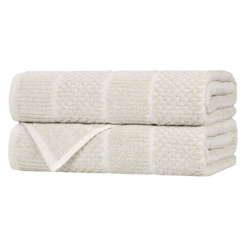 Naples Viscose Cotton Blend Medium Weight Textured Checkered and Ribbed Bath Towels, Beige