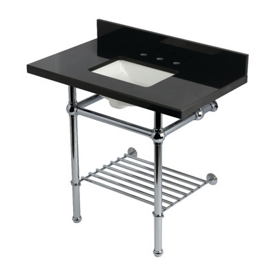 Kingston Brass Templeton 36-Inch Black Granite Console Sink with Brass Legs and Shelf (8-Inch, 3-Hole)