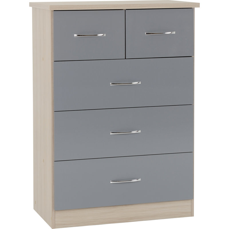 Cascio 5 Drawer Chest Of Drawers, Grey Gloss/Light Oak Effect Veneer